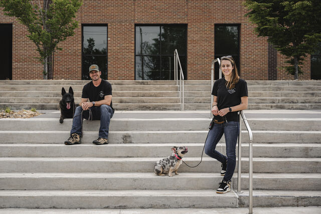 Two trainers with dogs on outdoor steps